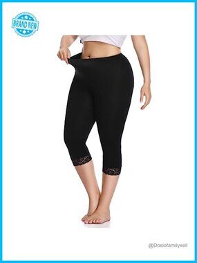 Plus Size Lace Trim Capri Leggings Stretchy Crop Yoga Pants